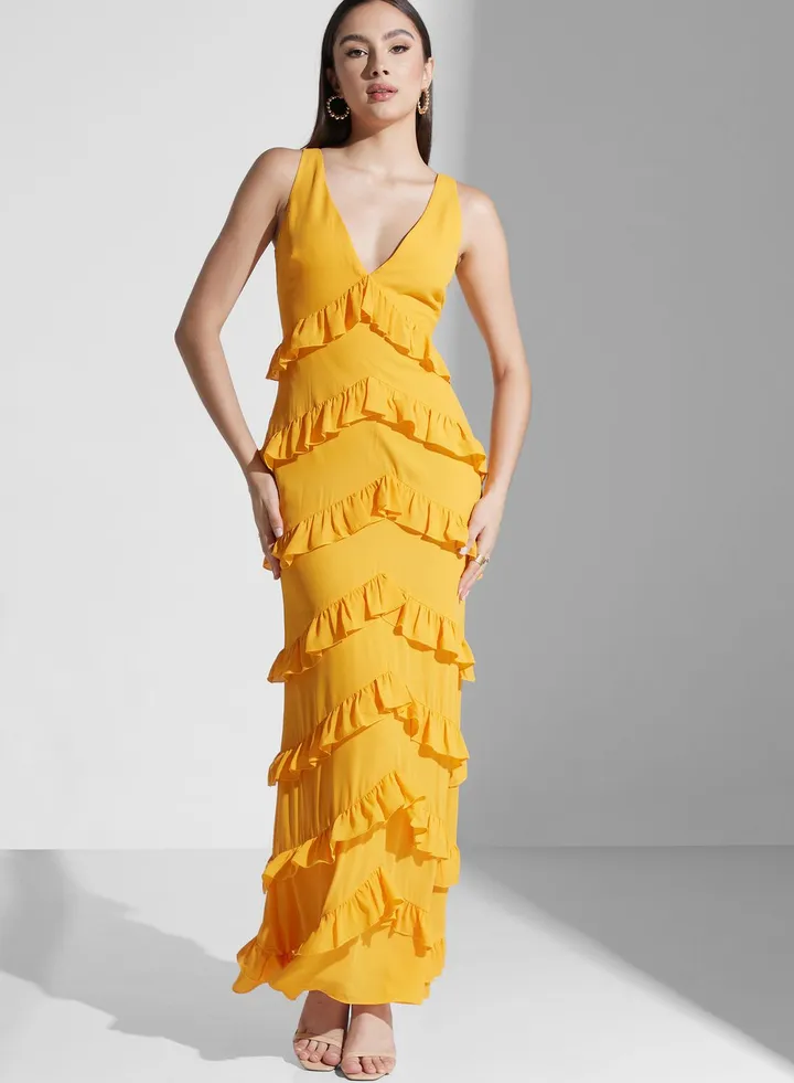 Plunge Neck Ruffle Dress