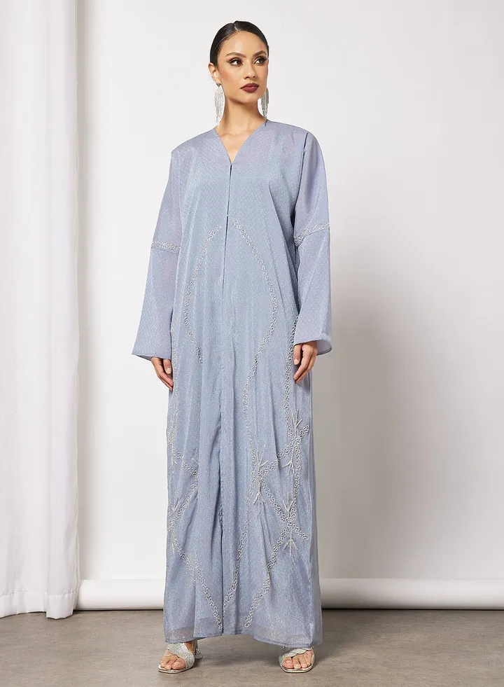 Abaya Dress With Front And Hand Floral Beads Handwork