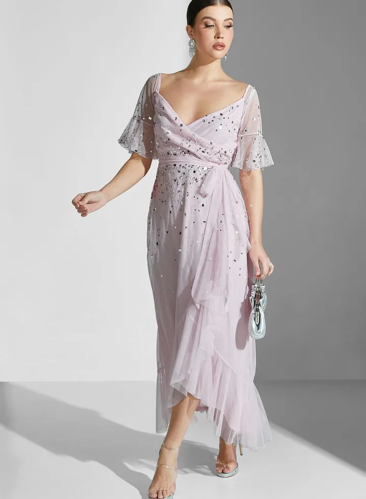 Ruffle Detail High Low Sequin Dress