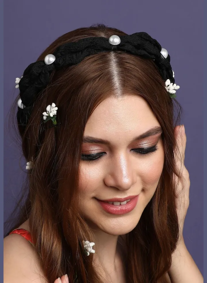 Trendy Western Wear Fabric Hair Band with Pearls For Women