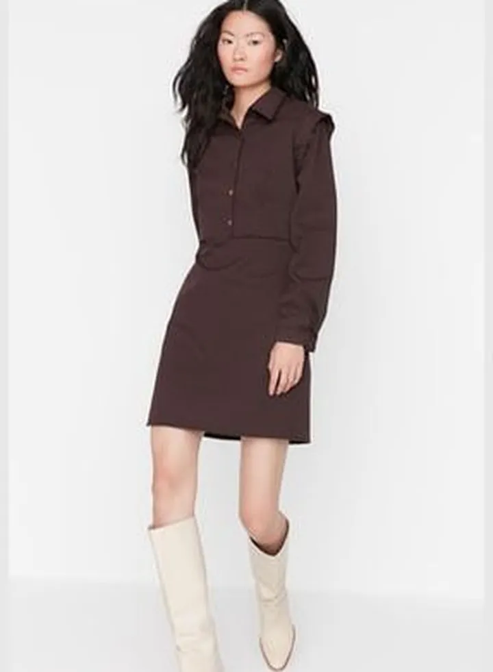 Brown Collar Detailed Dress