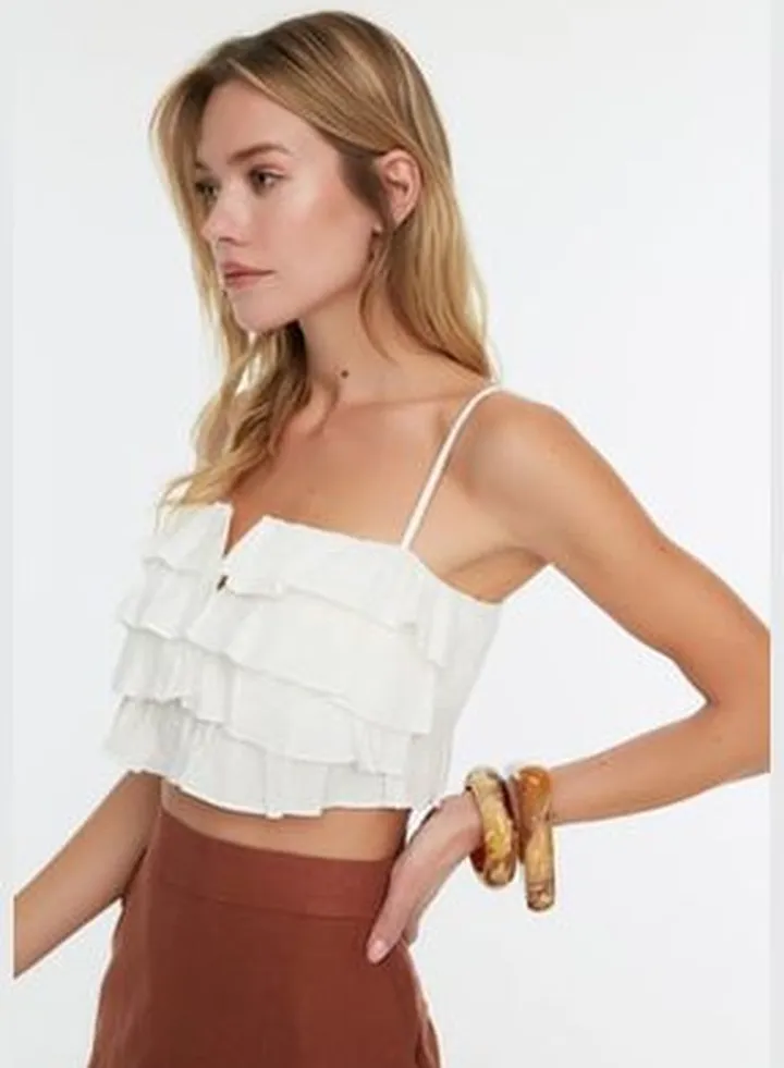 White Crop Woven Ruffled 100% Cotton Blouse TBESS21BZ0661