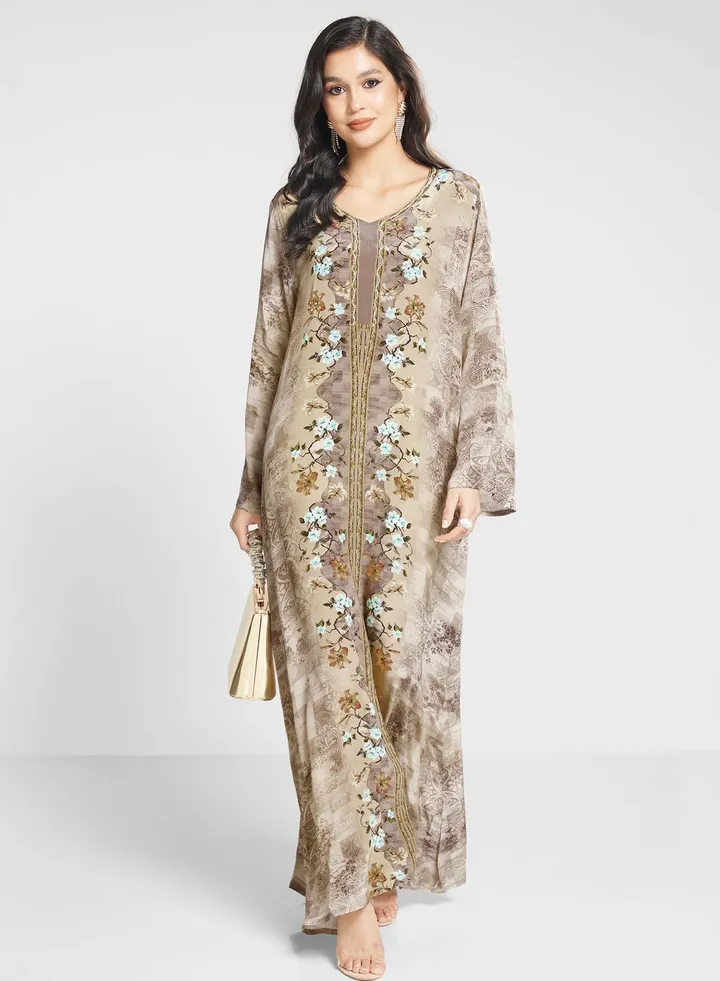 Floral Printed Lace Detail Jalabiya