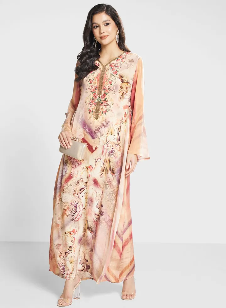 V-Neck Floral Printed Jalabiya