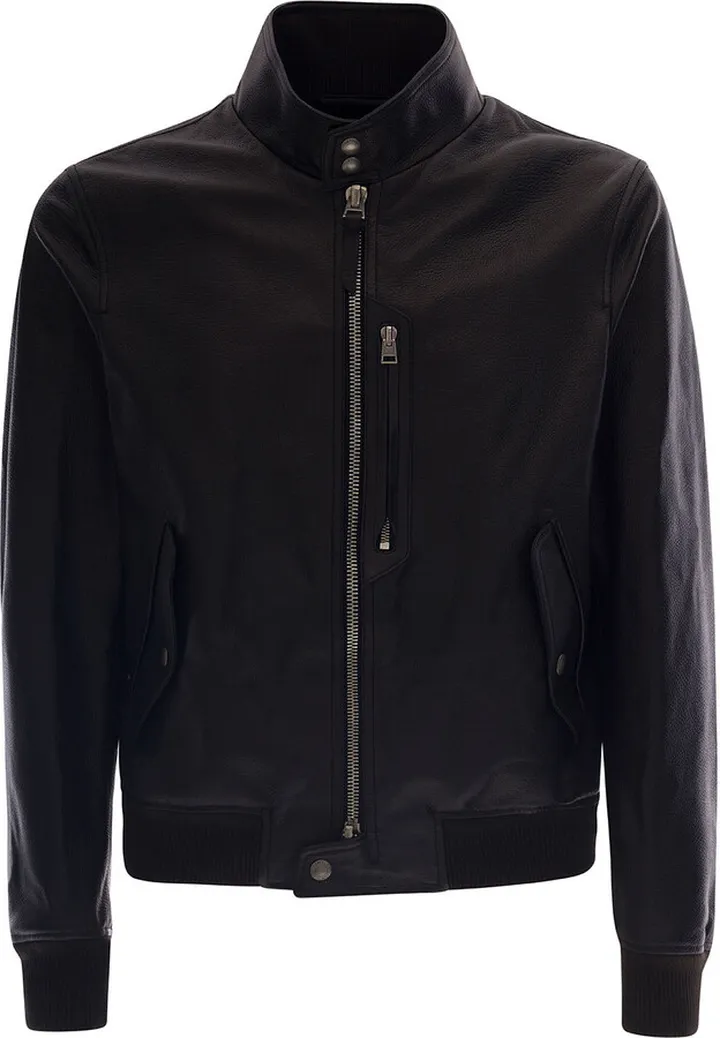 Black High Neck Jacket With Zip In Leather Man