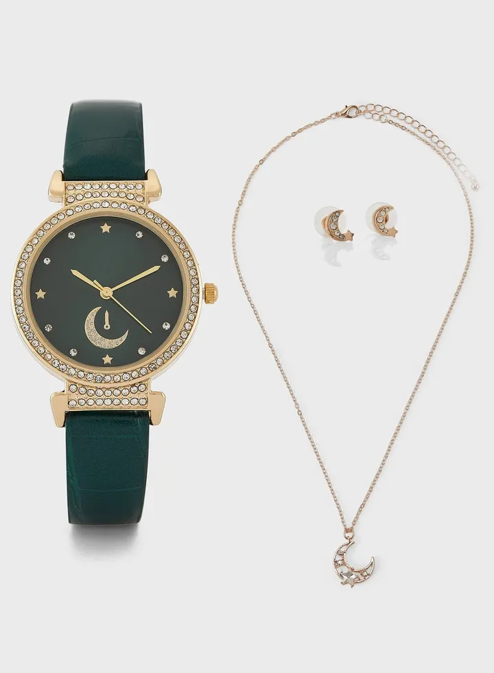 Stone Watch, Earrings And Necklace Gift Set