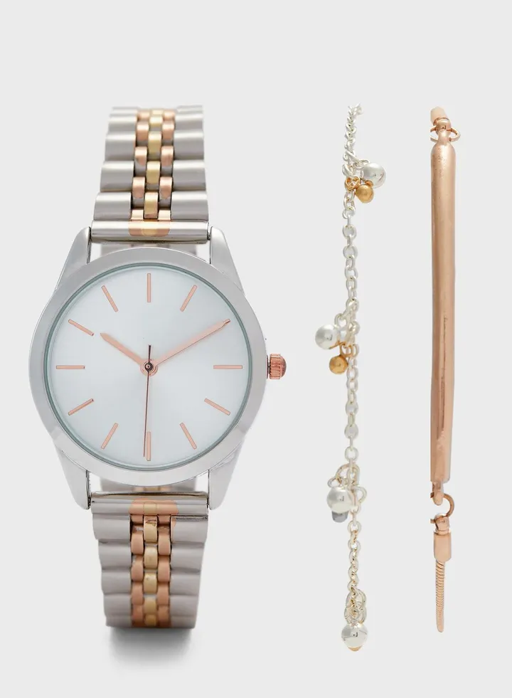 Tri Tone Watch and Bracelet Gift Set