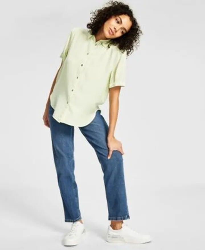 Calvin Klein Jeans Womens Point Collar Button Front Top High Rise Straight Leg Jeans