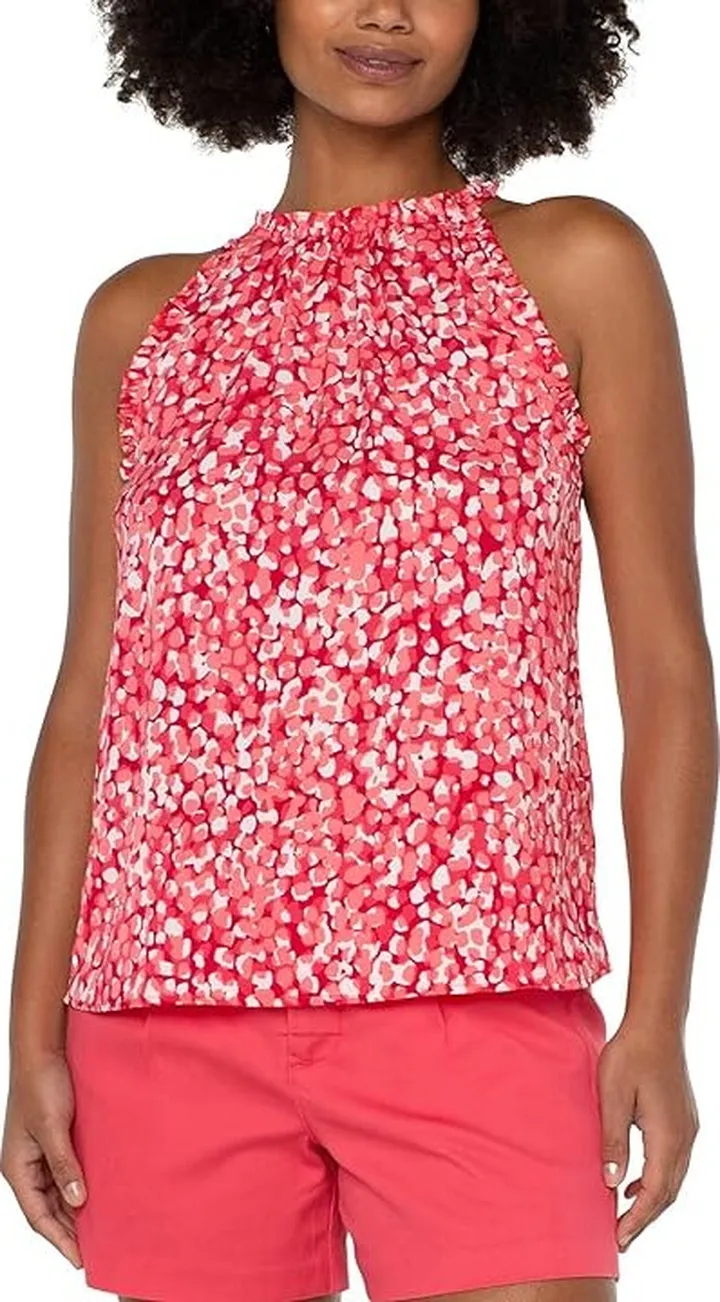 Liverpool Sleeveless Halter Top with Ruffles (Watermelon Sugar Dots Print) Women's Clothing