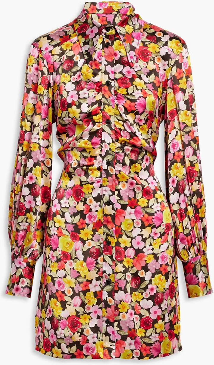 Ruched floral-print silk-blend satin mini shirt dress
