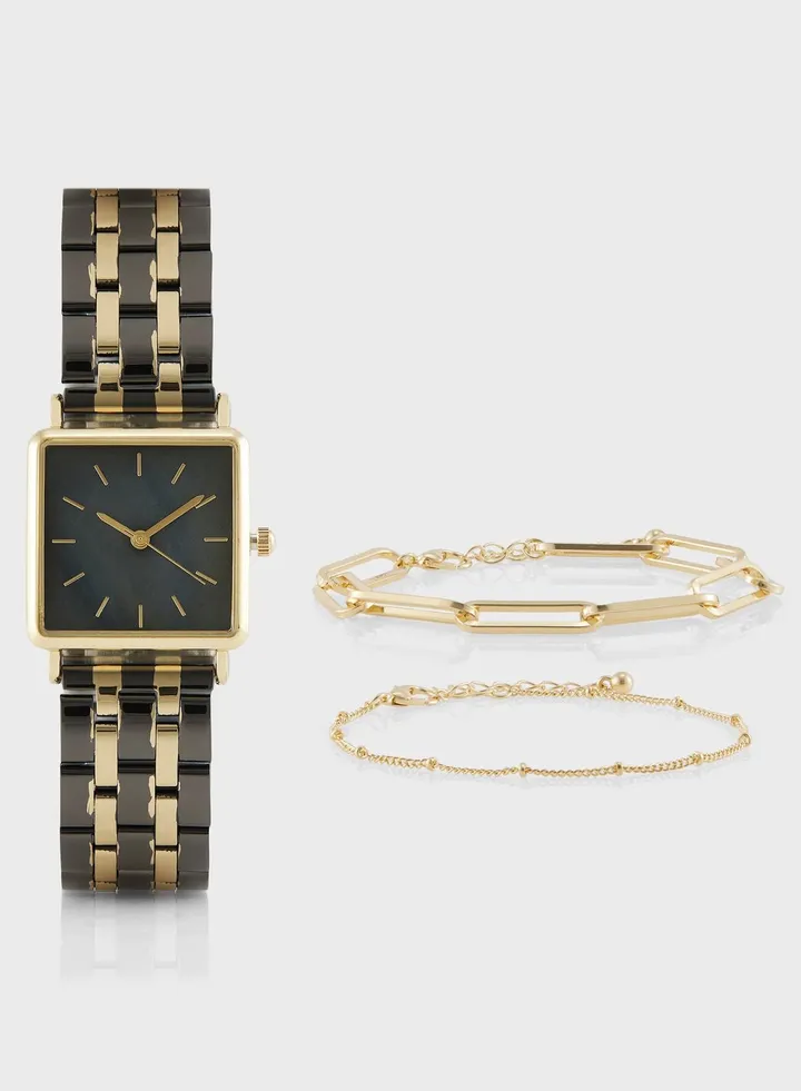 Square Metal Strap Analogue Watch & Bracelet Gift Set