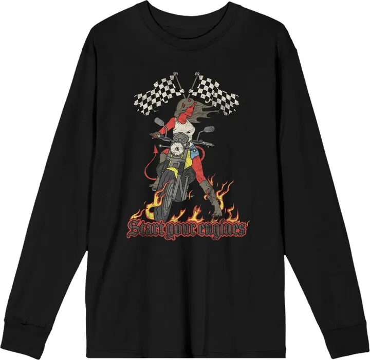 Vintage Devil Flame Motorcycle Women’s Black Long Sleeve Crew Neck Tee-XL