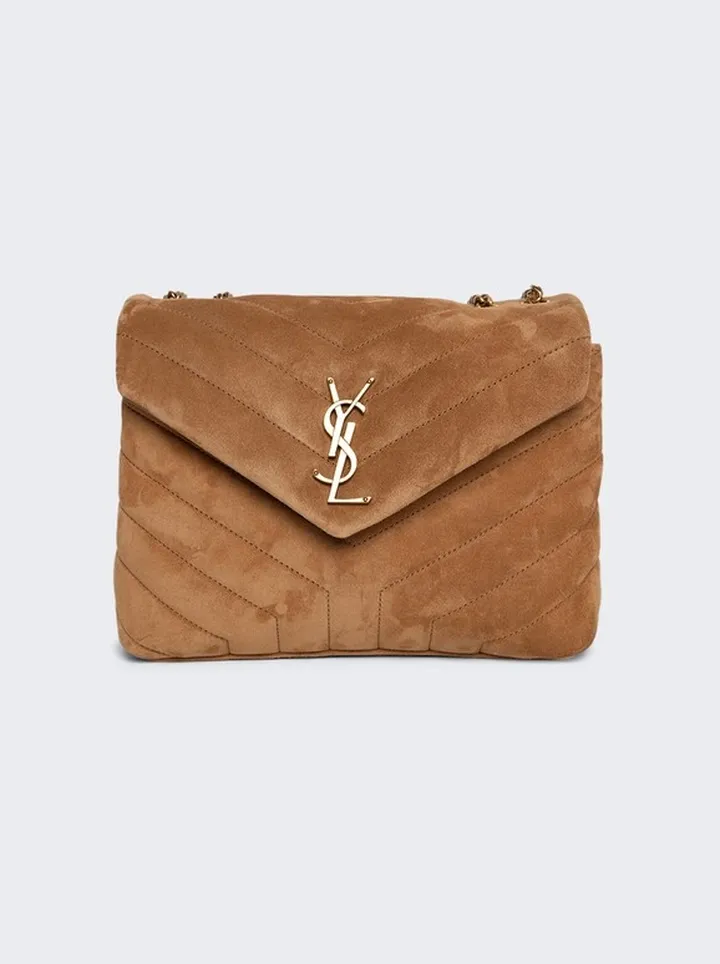 Loulou Small Chain Shoulder Bag in "Y"-Quilted Suede Cinnamon
