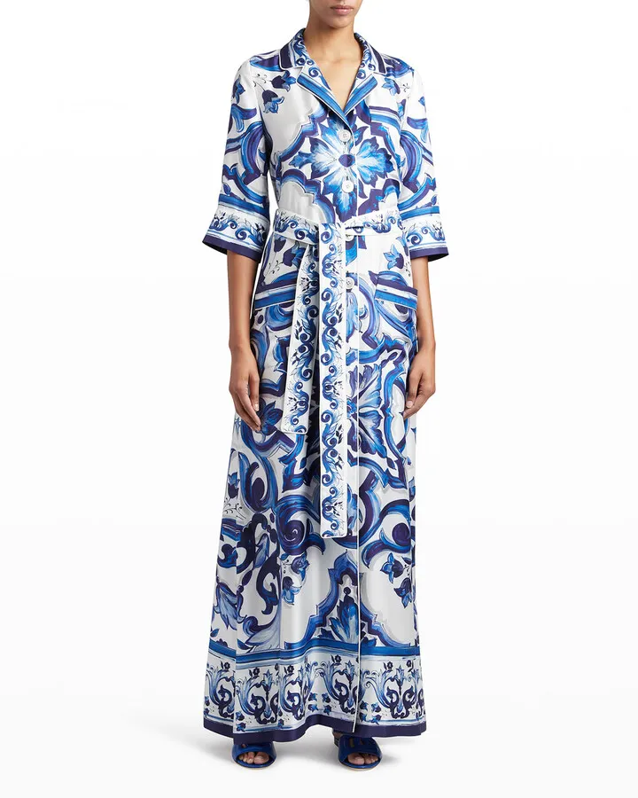 Foulard-Print Belted Silk Twill Long Robe
