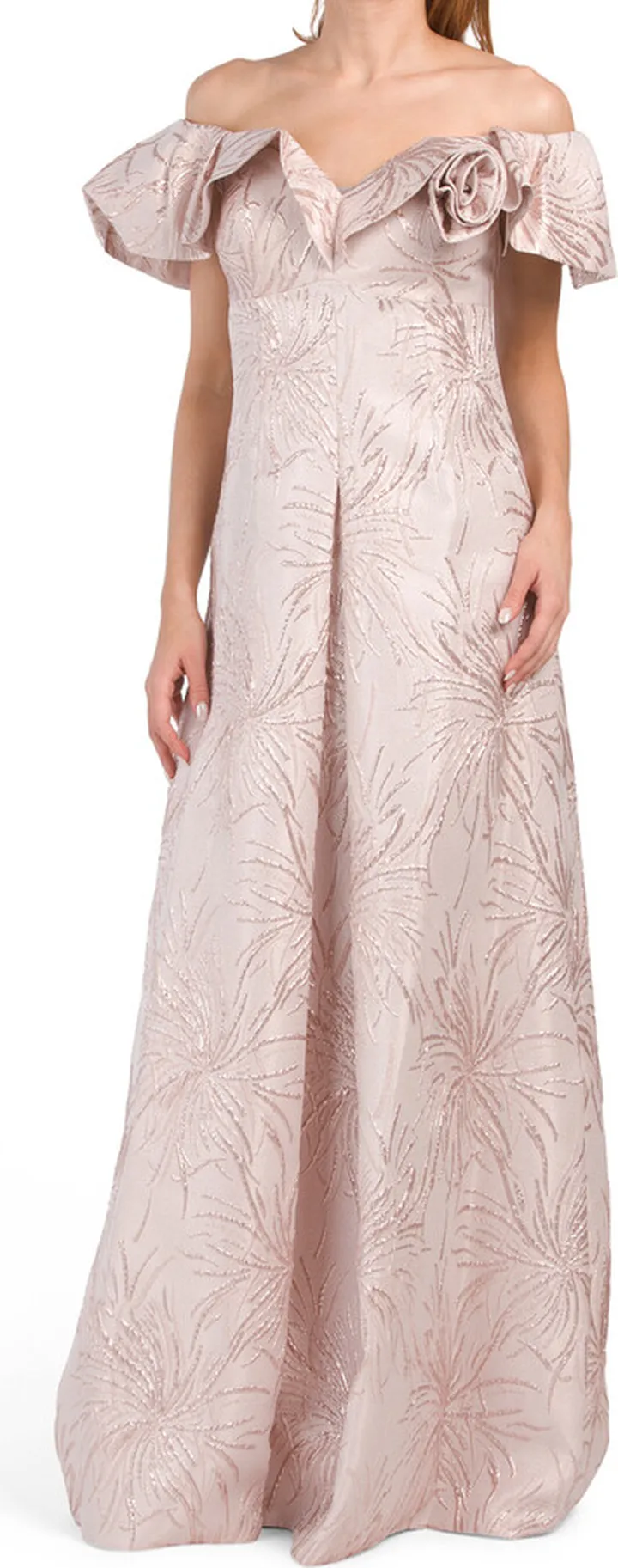 Off The Shoulder Ruffle Flower Jacquard Gown