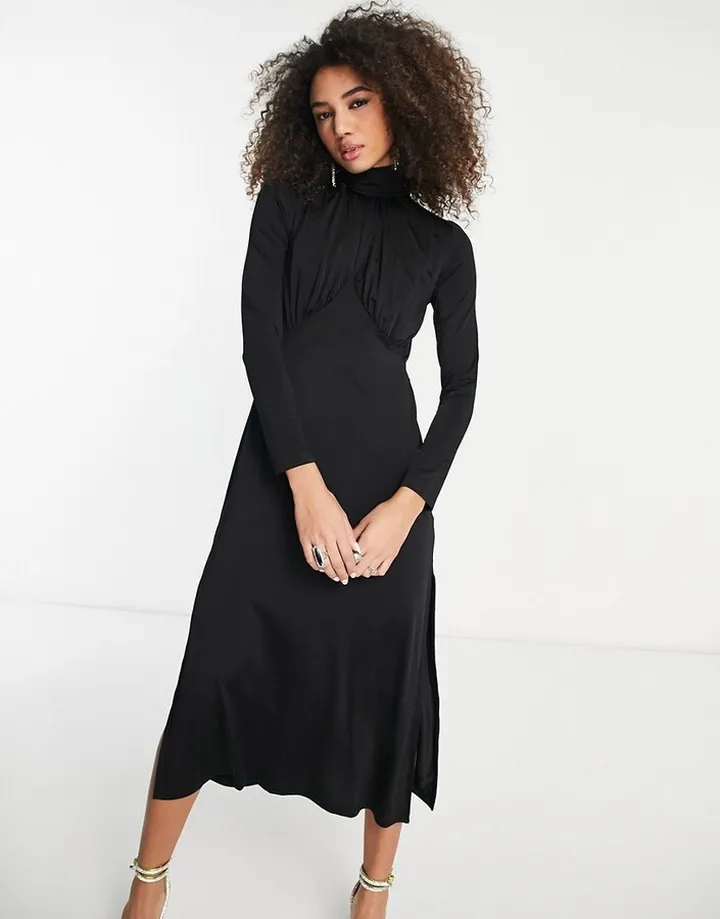 & Other Stories satin high midaxi dress with drape chest detail in black
