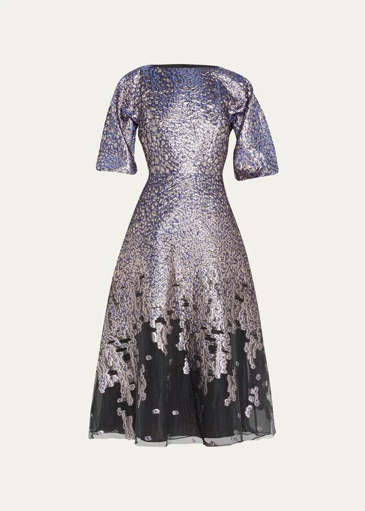 Puff-Sleeve Jacquard Cocktail Dress