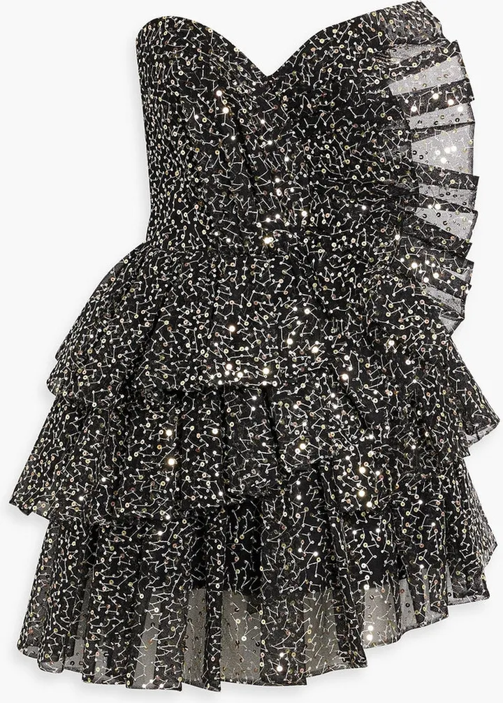 Strapless ruffled sequined tulle mini dress