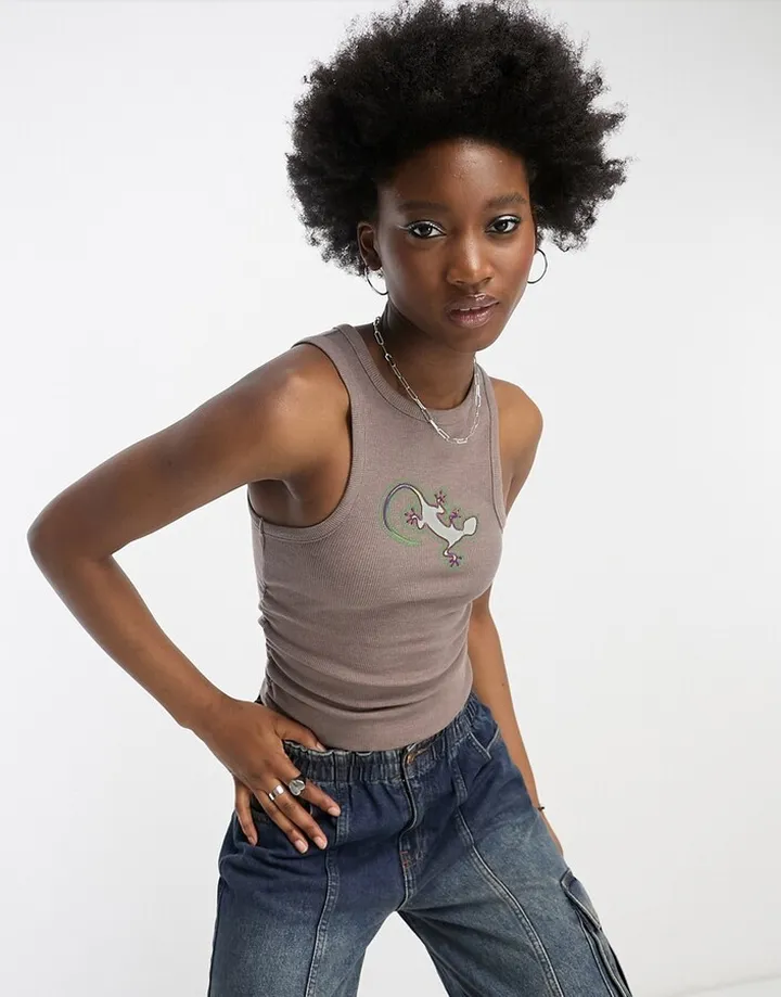 COLLUSION lizard print ruche detail rib tank top in brown