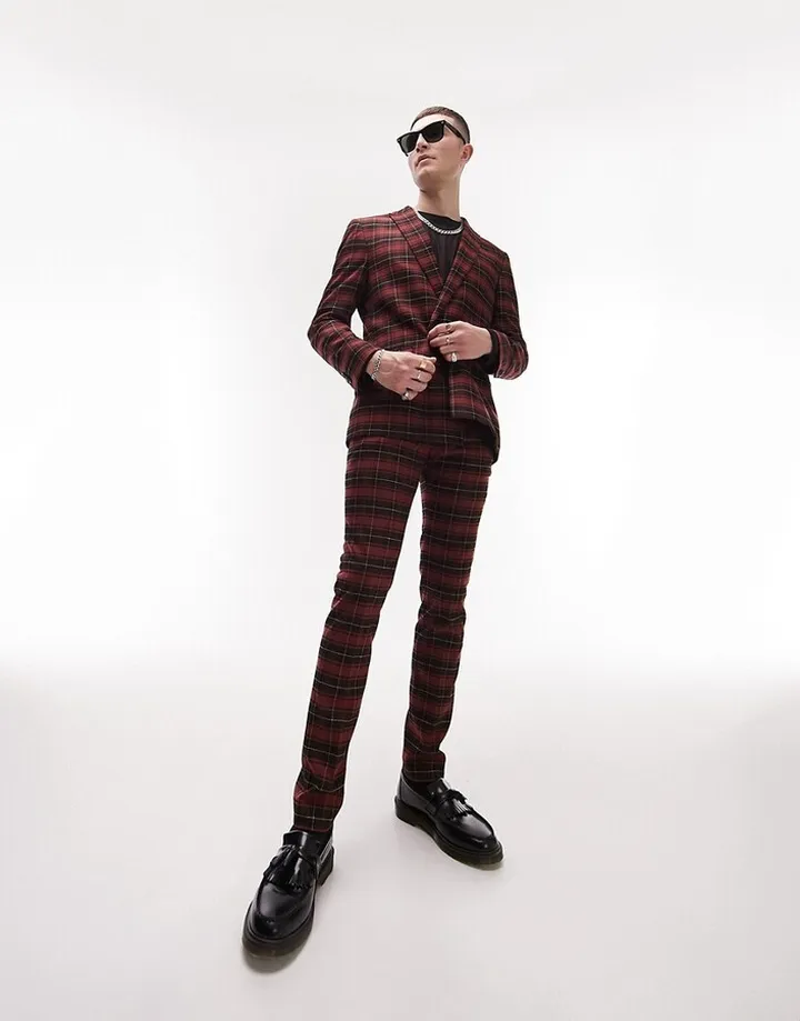 Topman super skinny tartan plaid suit pants in red