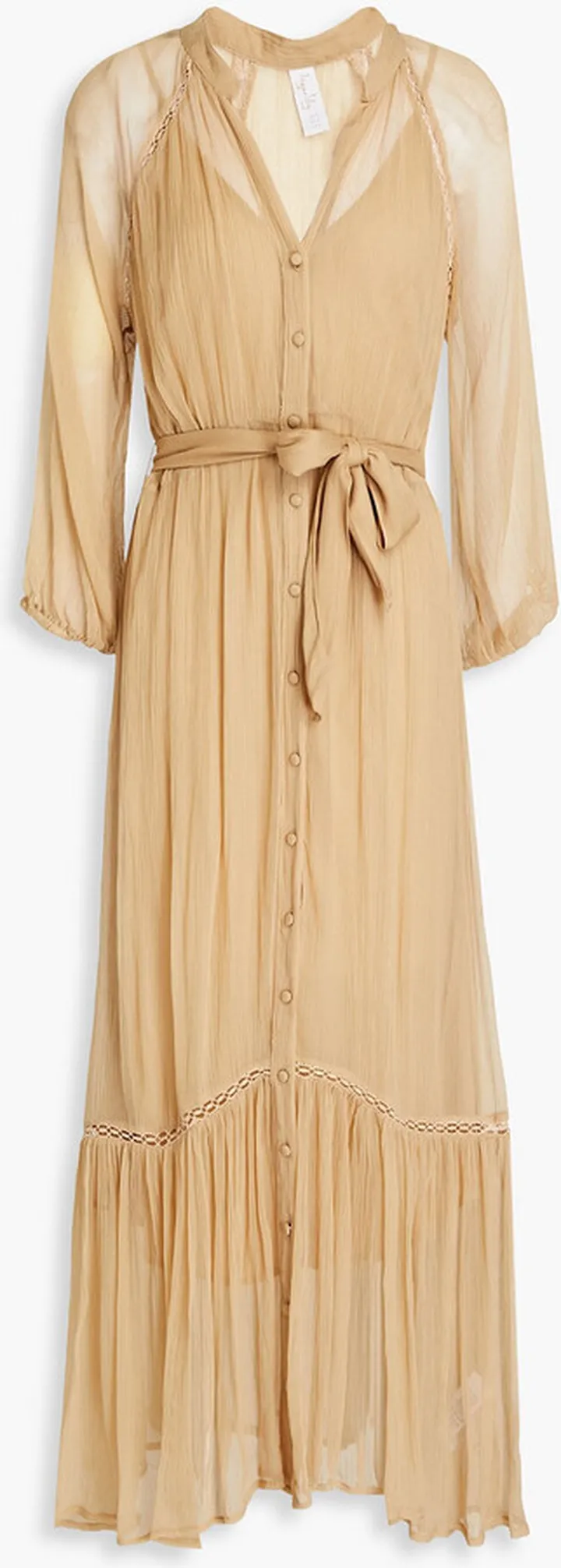 Gardenia Eden gathered crochet-trimmed crepon maxi dress