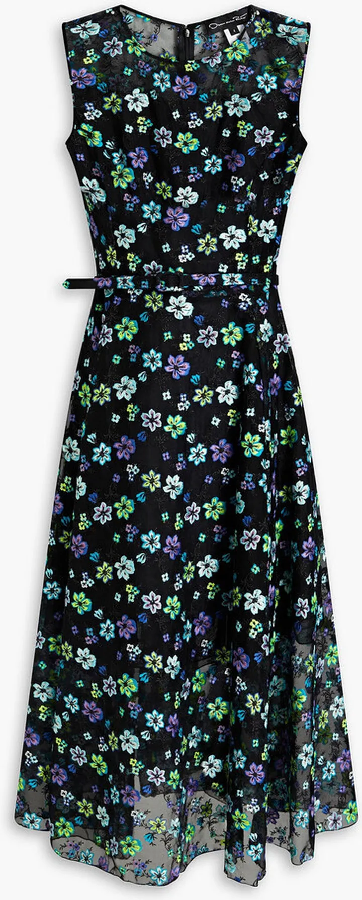 Belted embroidered organza midi dress