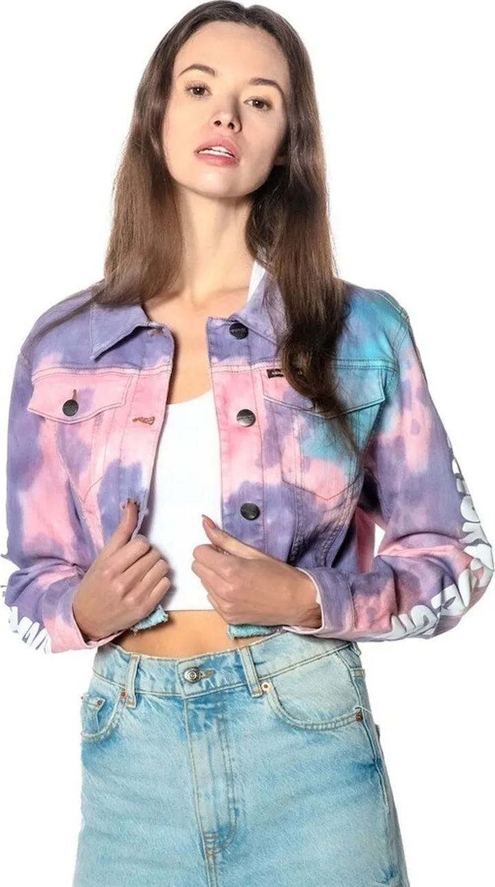 Members Only Women's Rugrats Tie-Dye Frayed Crop Denim Jacket-PURPLE-MEDIUM