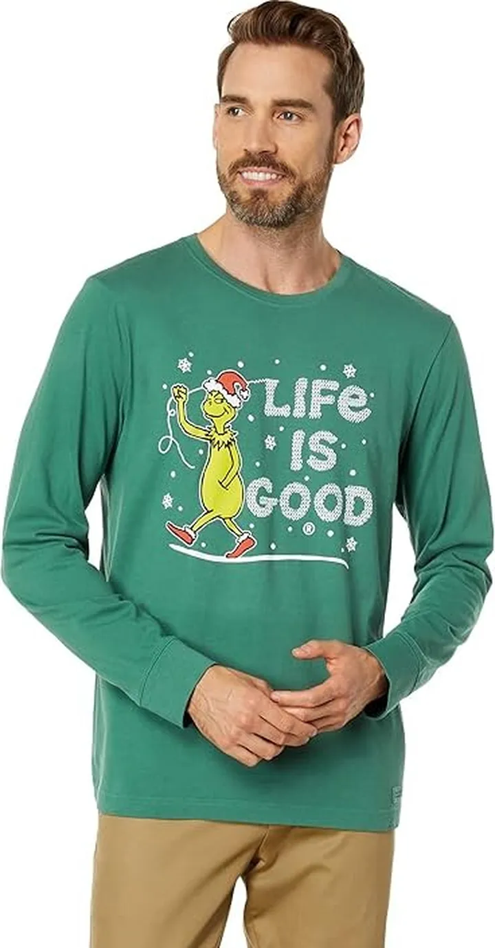 Life is Good The Grinch Unraveled Long Sleeve Crusher Tee (Spruce Green) Men's Clothing