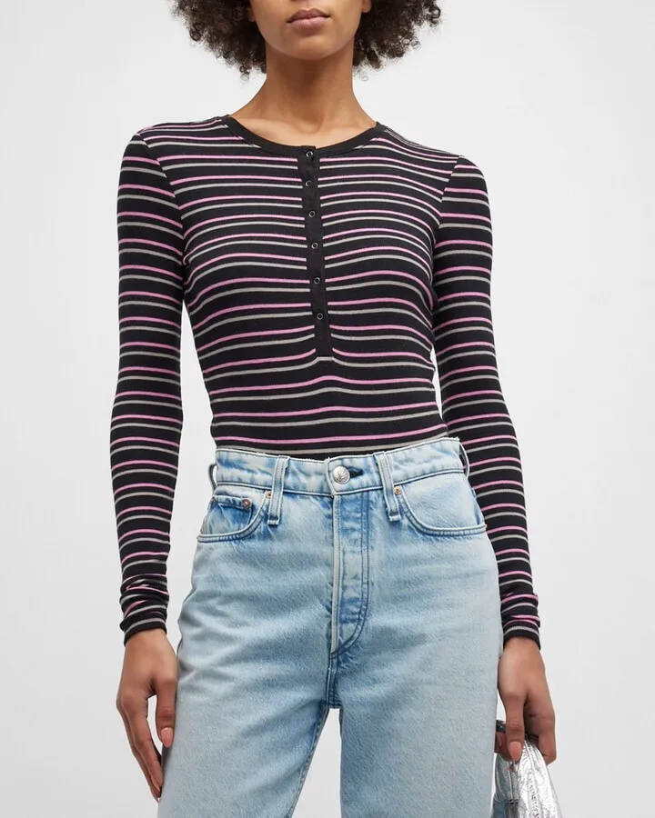 Long-Sleeve Striped Henley Bodysuit