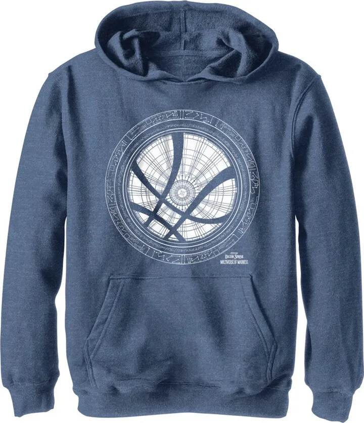 Boy's Marvel Doctor Strange in the Multiverse of Madness White Sanctum Sanctorum Logo Pull Over Hoodie - Navy Blue Heather - Large