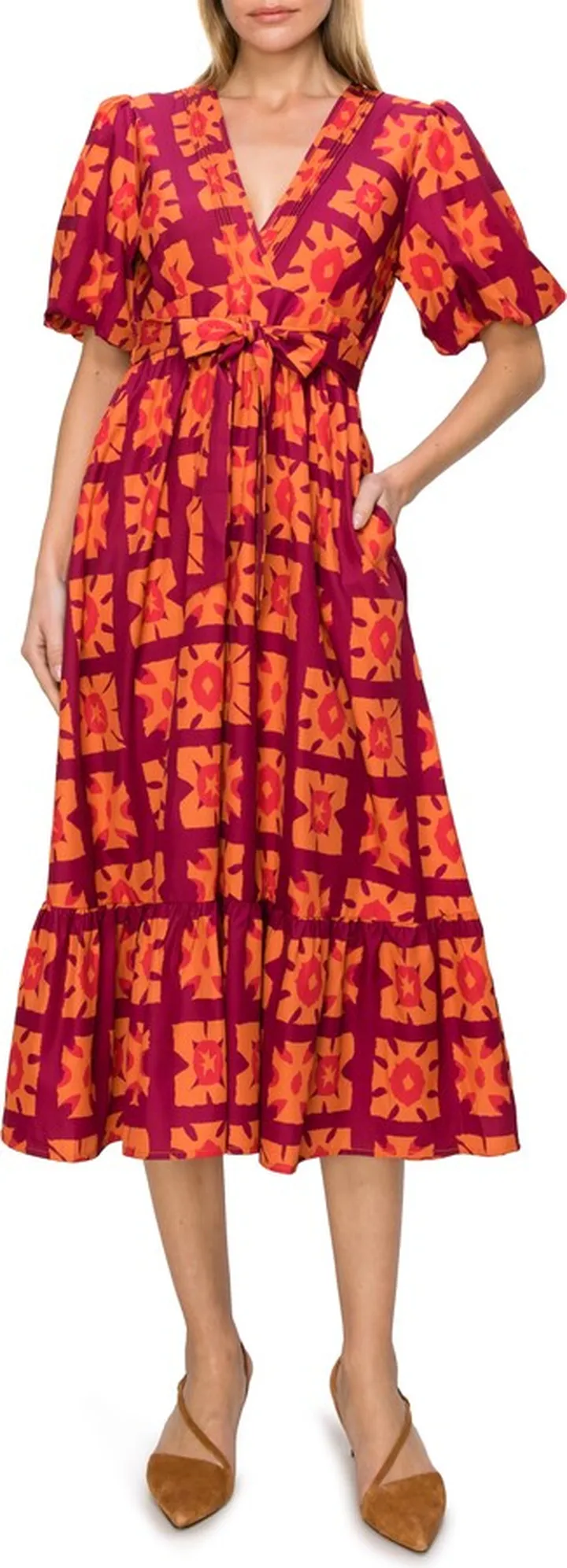 Puff Sleeve Faux Wrap Midi Dress