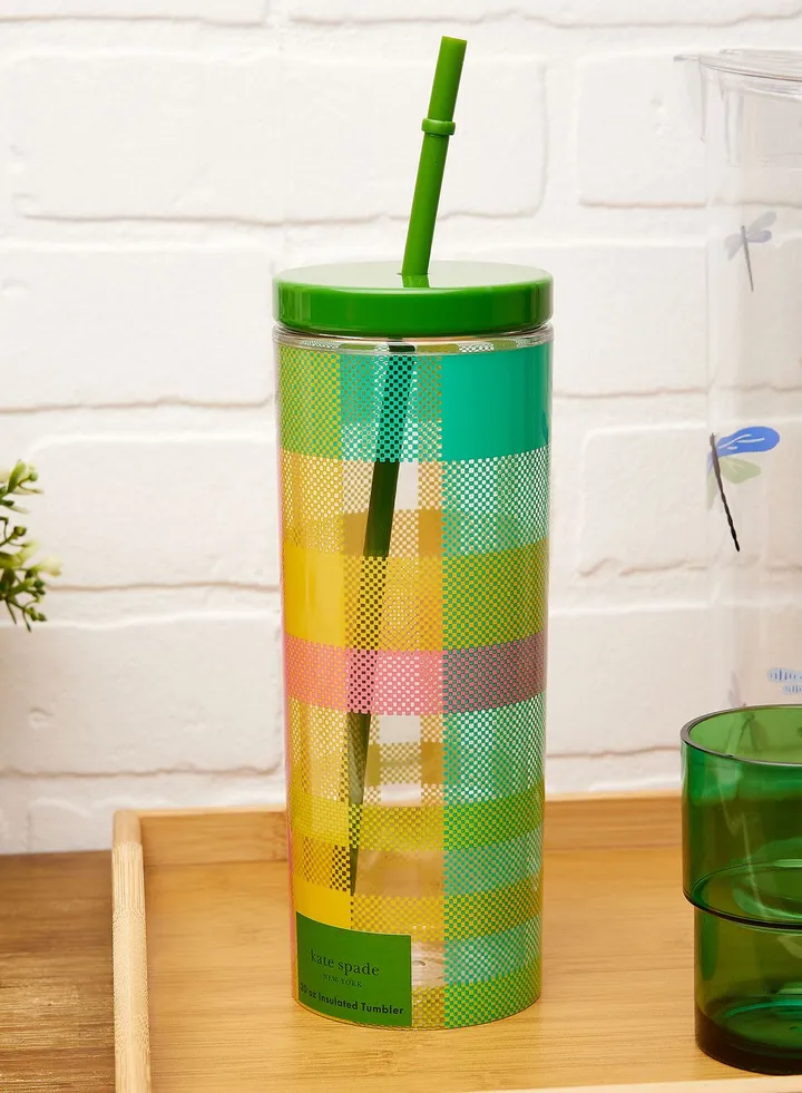 Acrylic Tumbler With Straw, Garden Plaid