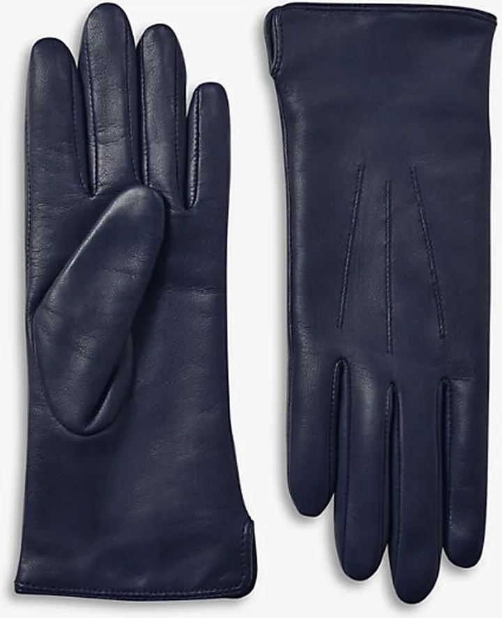 Womens Navy Cashmere and Wool-blend Lined Leather Gloves