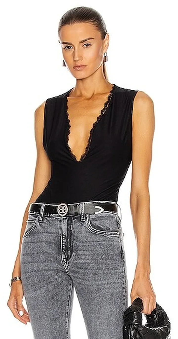 fleur du mal Margo Lace Trim Deep V Bodysuit in Black