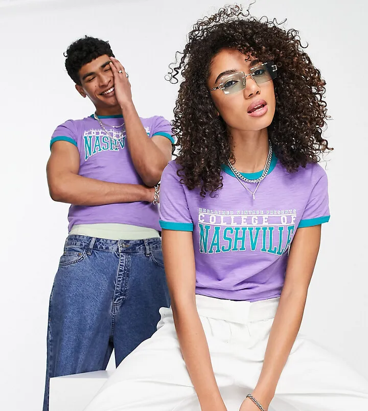 Reclaimed Vintage inspired unisex t-shirt with Nashville print in purple