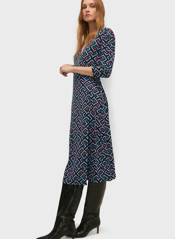 Plunge Neck Printed Wrap Dress
