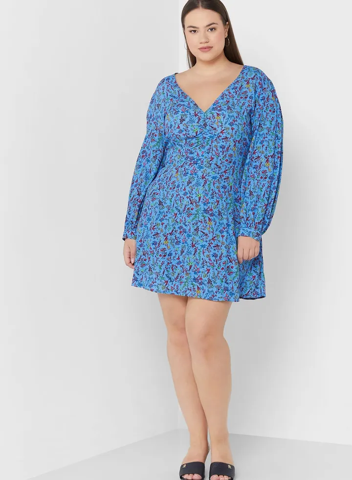 V-Neck Puff Sleeve Printed Dress