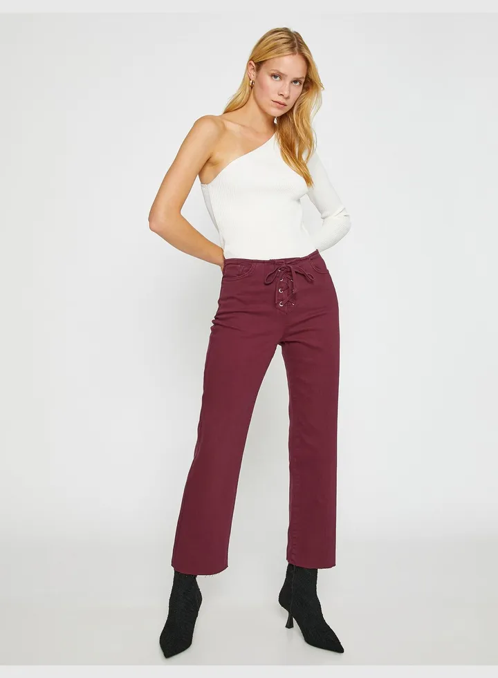 Denim Trousers Crop Flare Leg Tie Detail