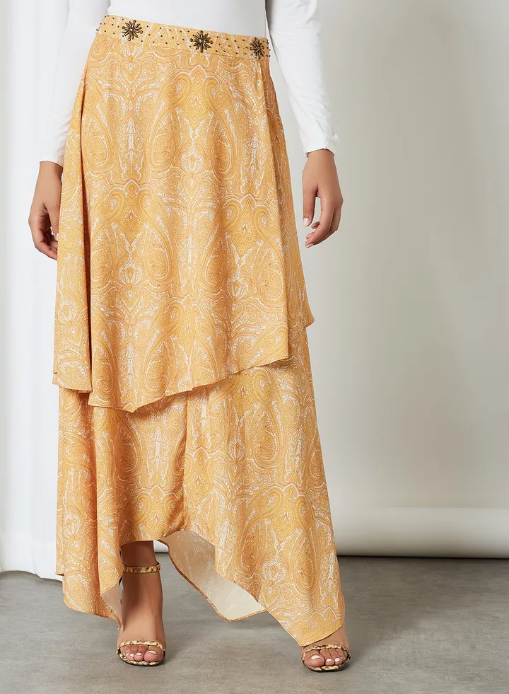 All-Over Print Layered Skirt Mustard
