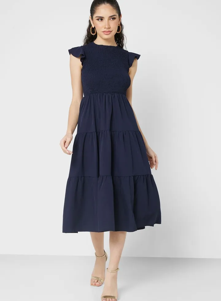 Ruched Ruffle Sleeve Dress