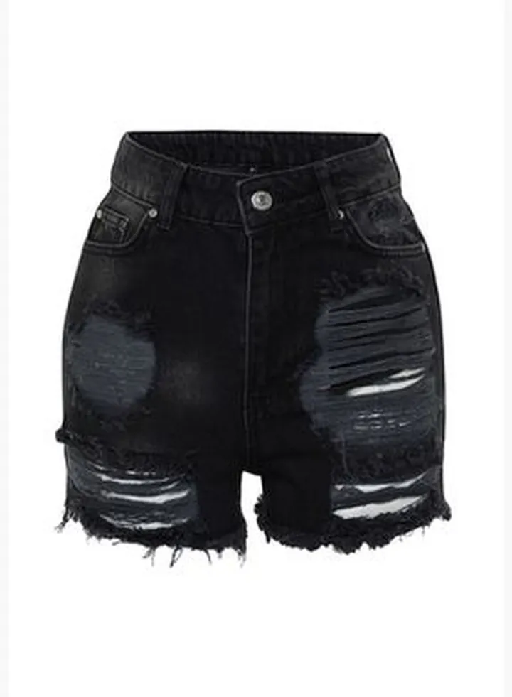 Black Denim Ripped Detailed Denim 100% Cotton Shorts & Bermuda