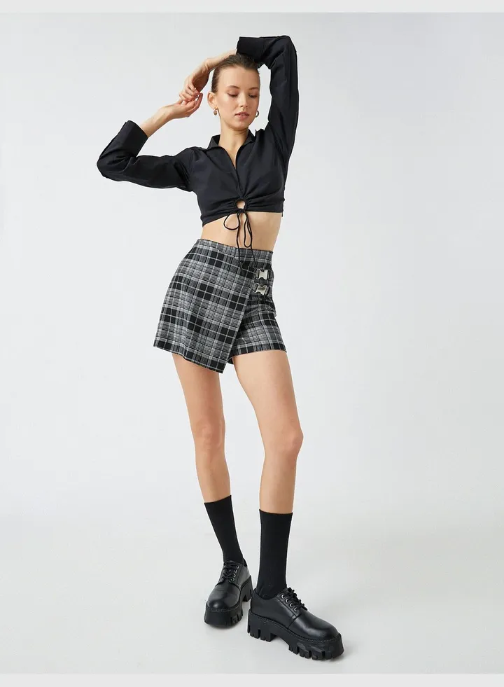 Belt Waist Sides Plaid Short Skirt