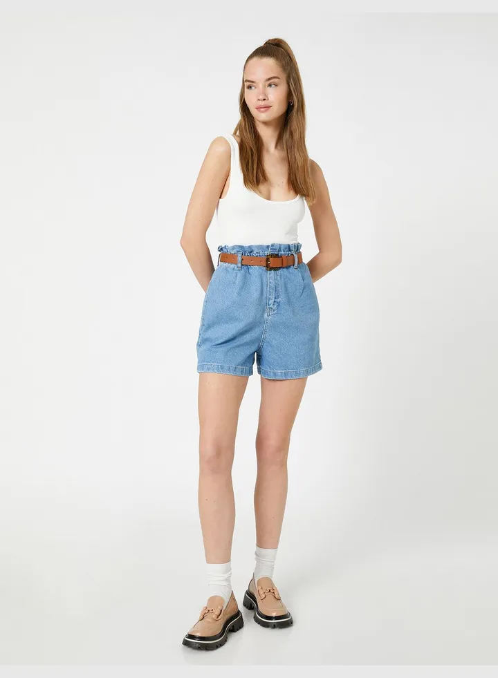 Cotton High Waist Belt Detail Jean Shorts