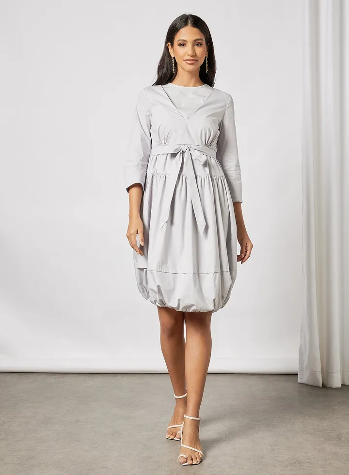 Casual Three-Quarter Sleeve Belted Simple But Elegant Knee Length Dress With Round Neck Dusty Voilet