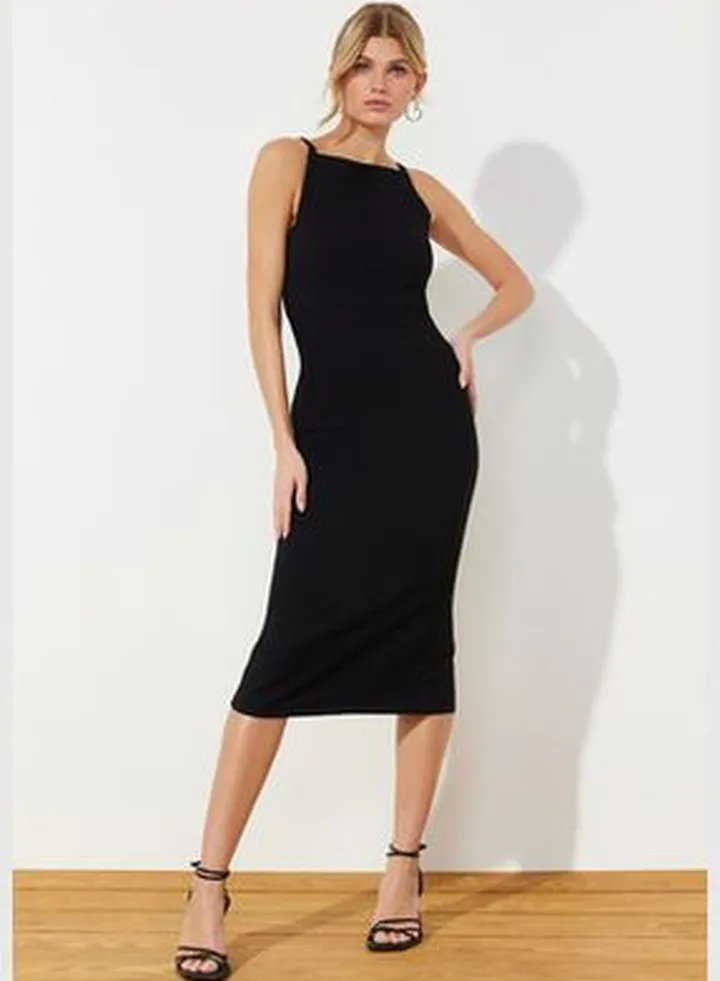 Black Woven Woven Midi Dress TWOSS24EL00394