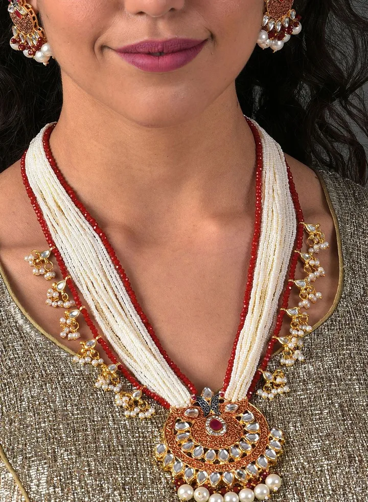 Gold Plated Designer Stone Pearl Necklace and Earrings Set