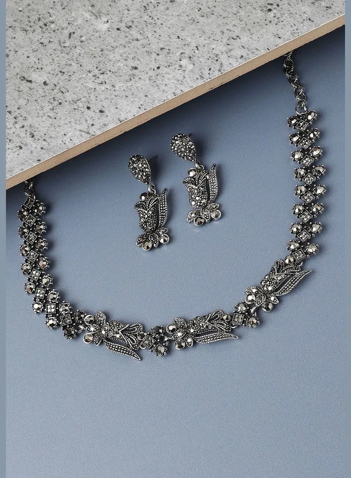 Silver Plated Designer Stone Party Wear Necklace and Earring Set For Women