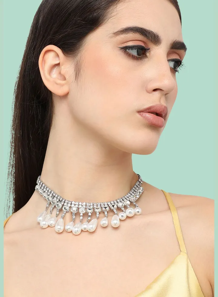 Silver Plated Pearls Party Necklace For Women