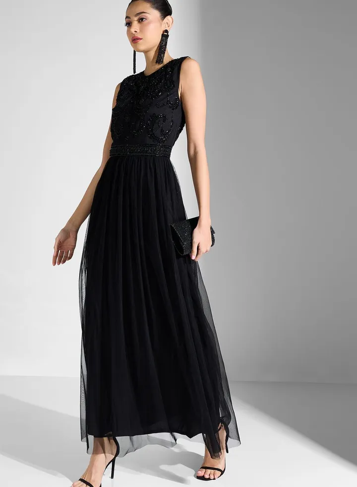 Embellished Mesh Plisse Dress