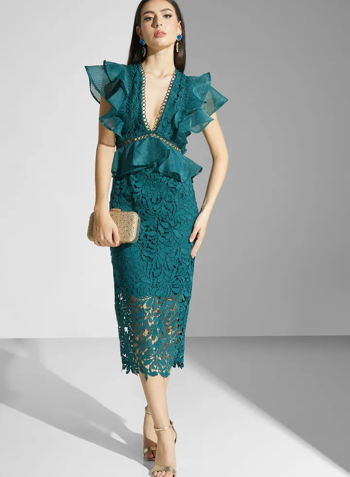 Ruffle Sleeve Plunge Neck Dress